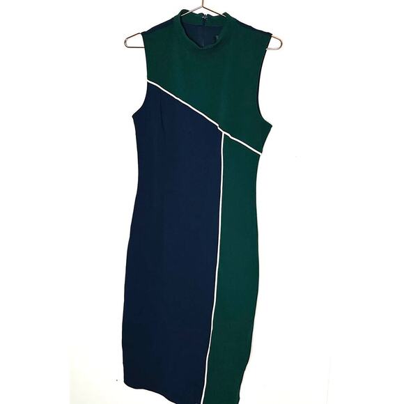 ALEXIA ADMOR Green Navy Colorblock Sleeveless Crepe Sheath Midi Dress Size M - Picture 3 of 13